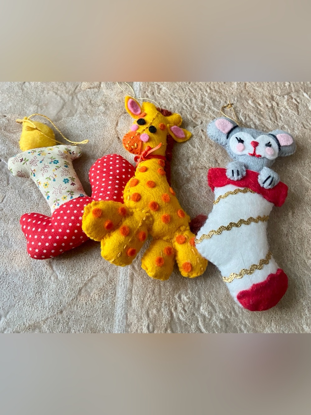 Set of 3 Vintage Fabric Ornaments Mouse Giraffe and Candle